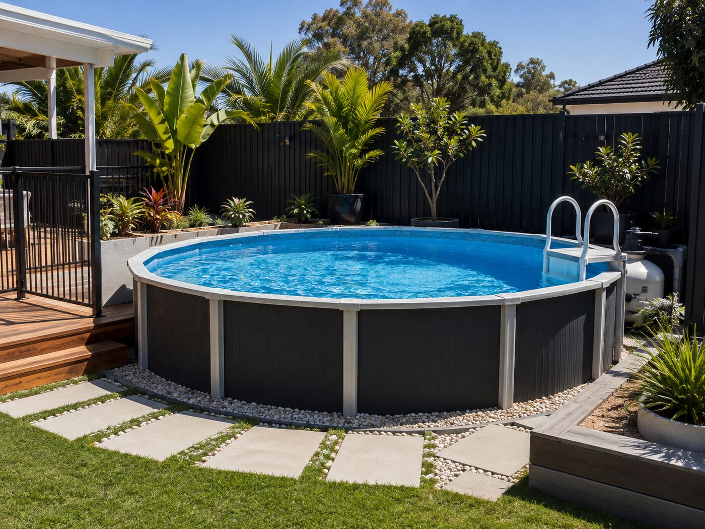 Above-ground pool with a compliant black aluminium safety fence