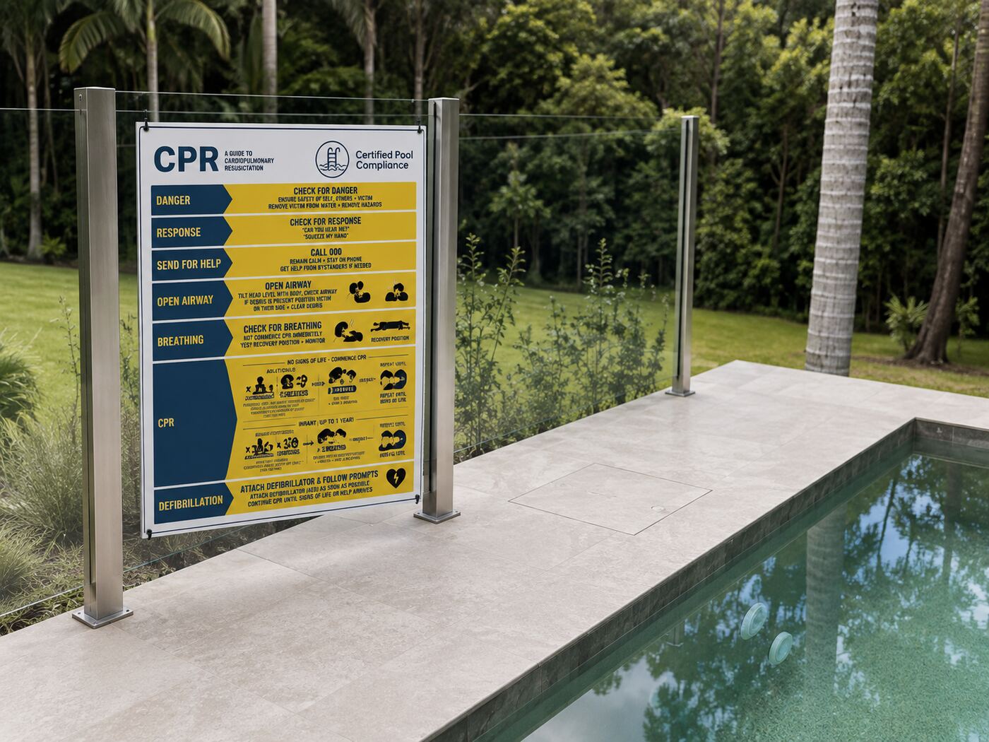 CPR sign mounted on frameless glass pool fencing, visible from the pool area