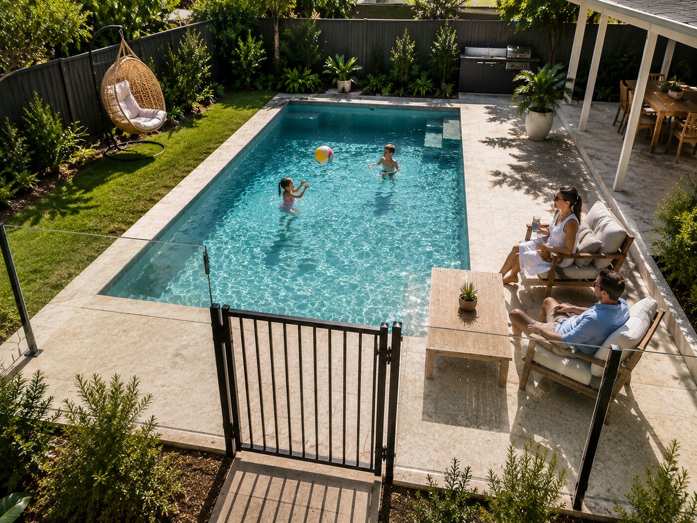 Family relaxing beside a fenced backyard pool with a compliant glass barrier and gate