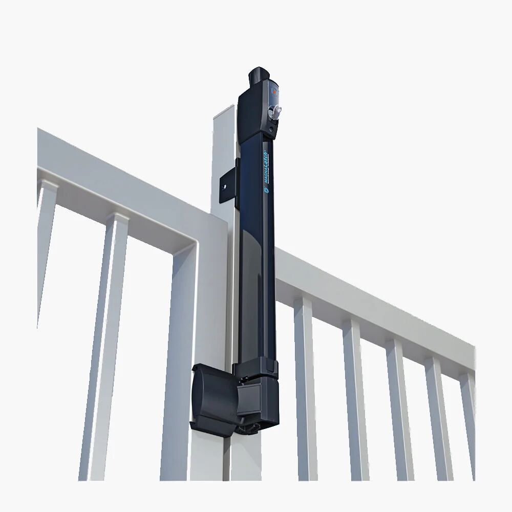 Close-up of a pool gate latch mechanism on a fence post
