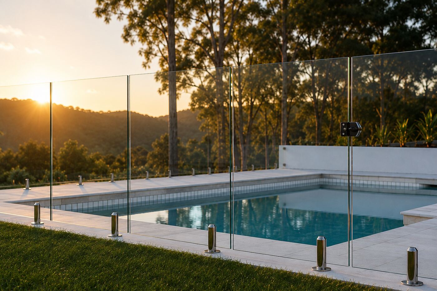 Frameless glass pool fencing meeting barrier requirements at sunset