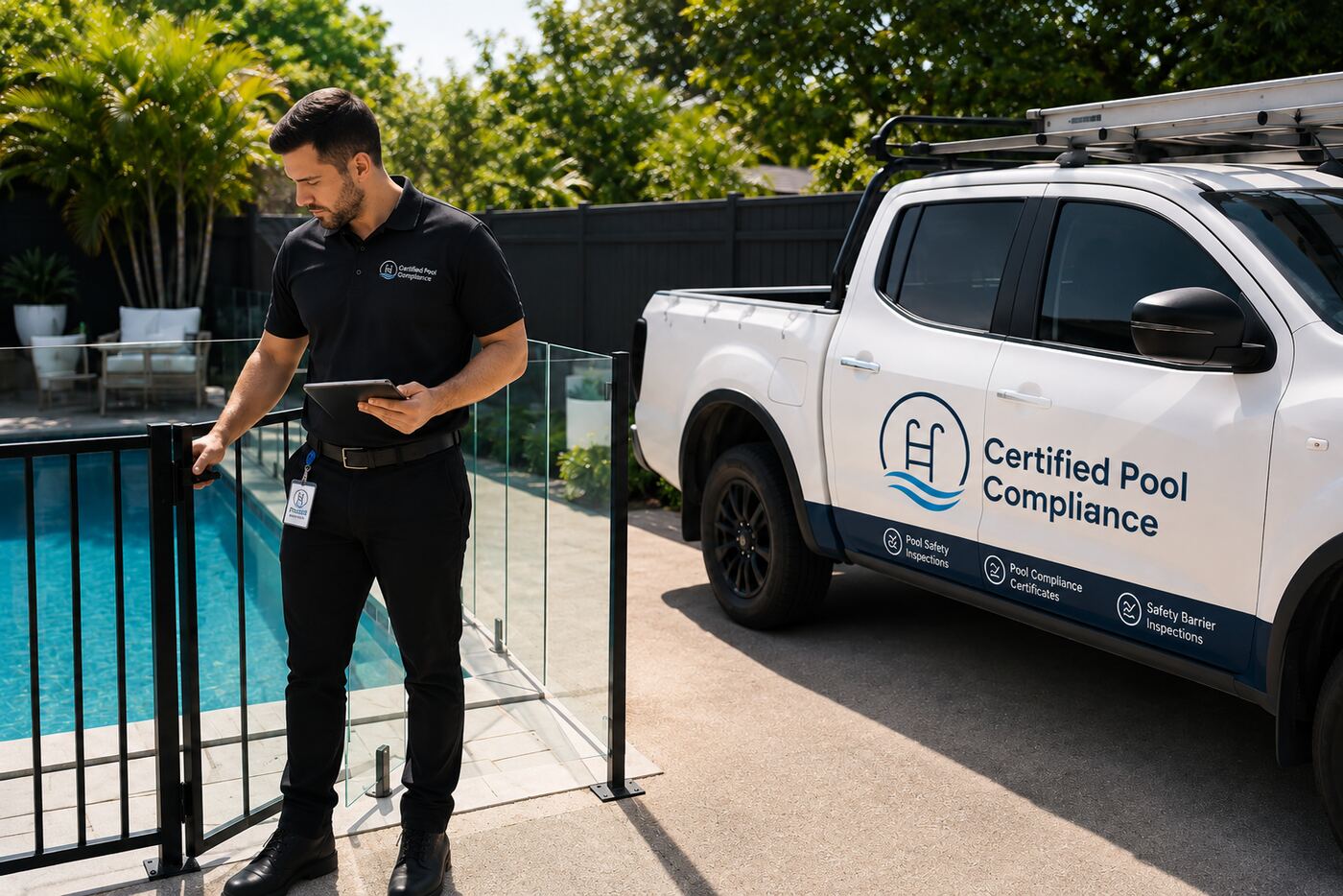 Certified Pool Compliance inspector checking a glass pool gate beside a branded inspection vehicle
