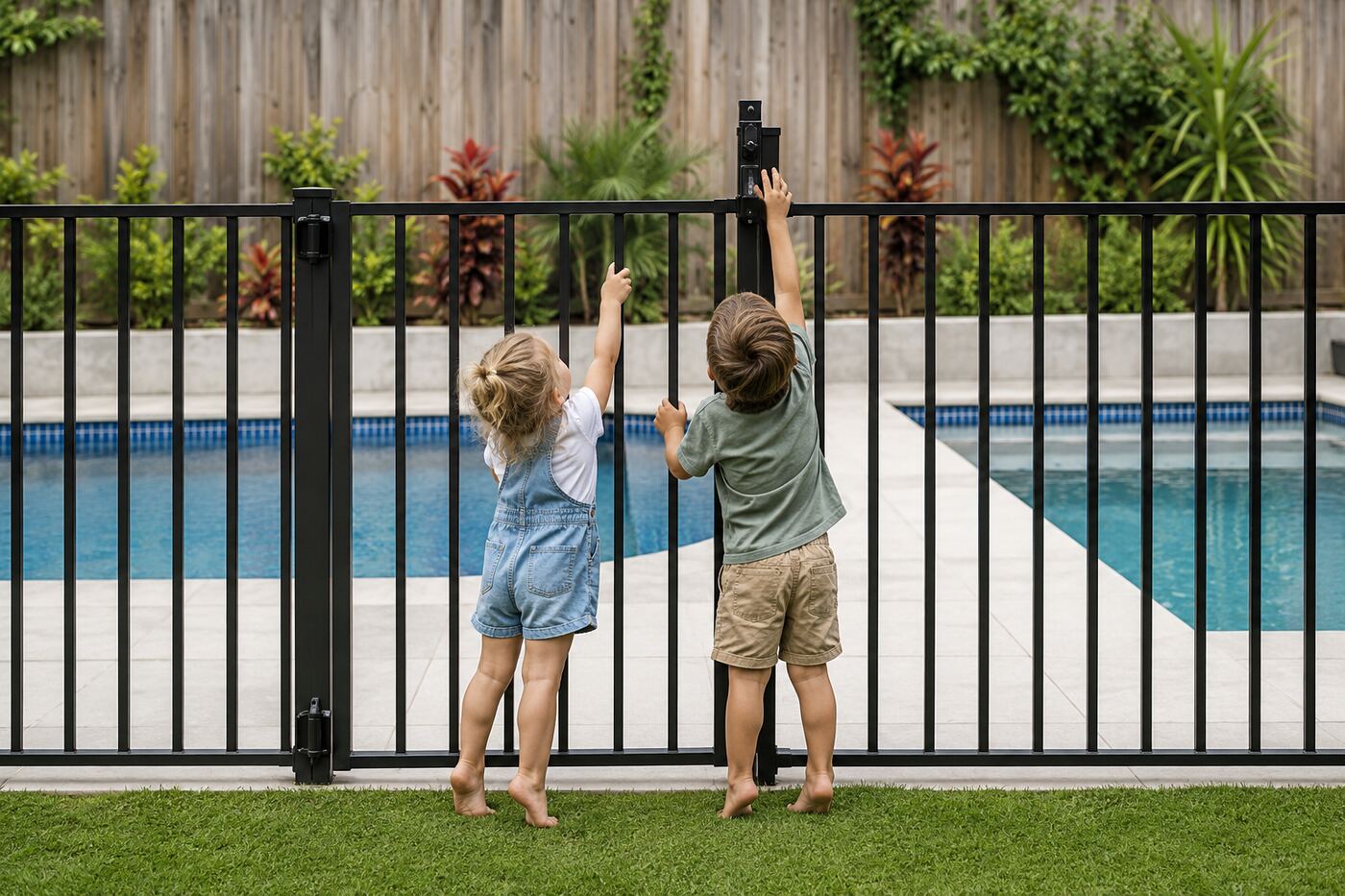 Two young children reaching up at a pool gate, showing why the non-climbable zone matters