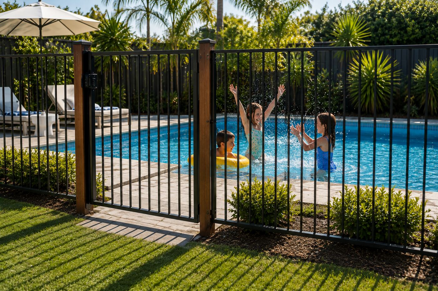 Children swimming safely behind a compliant pool fence at a rental property