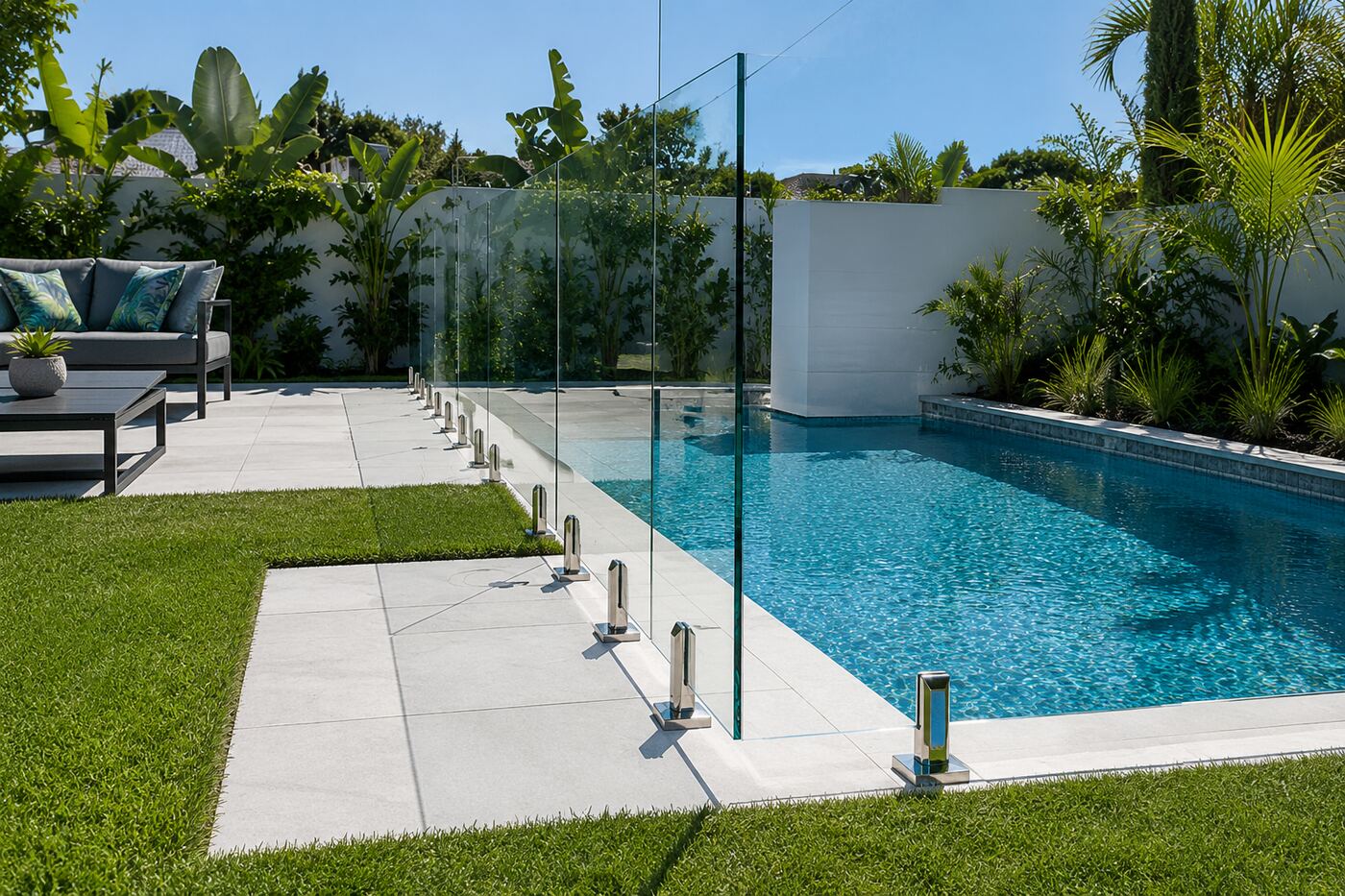 Backyard pool with frameless glass fencing at a home for sale