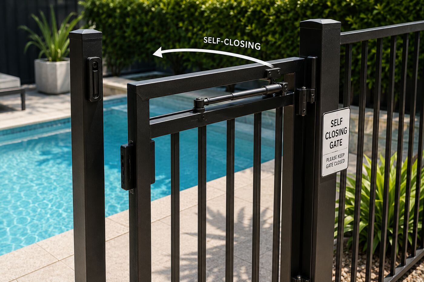 Self-closing pool gate with compliance signage