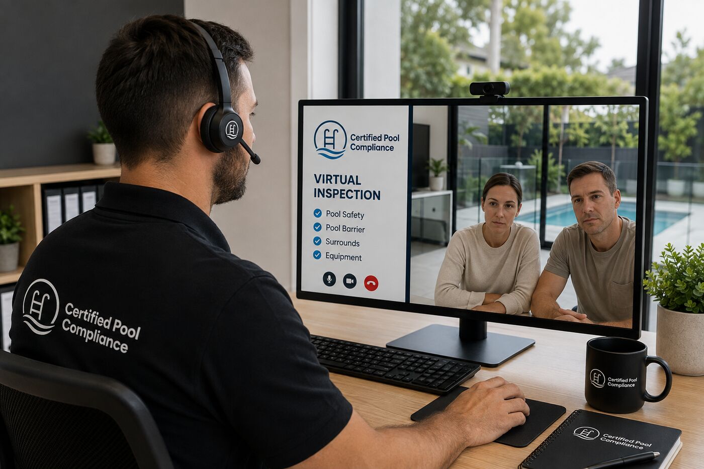 Certified Pool Compliance inspector guiding homeowners through a virtual inspection on a video call